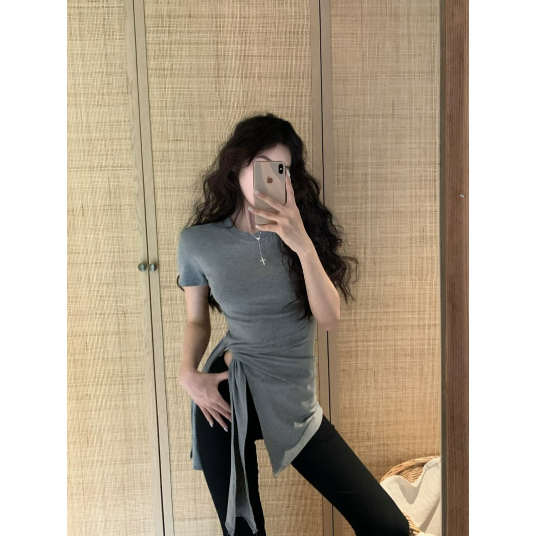 夏季辣妹风设计感侧开叉绑带短袖T恤女收腰显瘦垫肩上衣