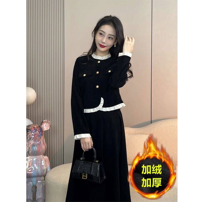 小香风套装女2026秋冬木耳边设计感长袖外套赫本风半身裙子两件套
