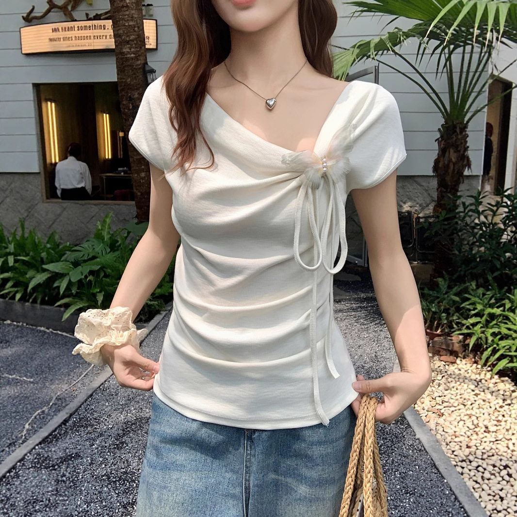 2026新款设计感刺绣T恤女夏季斜领正肩短袖韩版减龄休闲半袖上衣