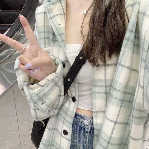 春秋新款蓝色格子衬衫外