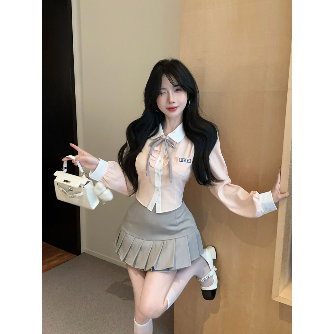 韩系jk制服纯欲学院风套装女设计感甜美粉衬衫A字百褶裙