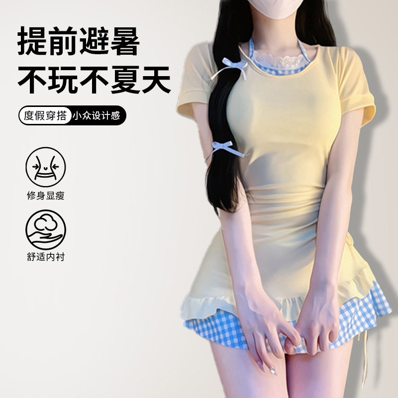 少女挂脖绑带保守短袖高级感2026新款学生可爱日系绝美女孩泳衣女