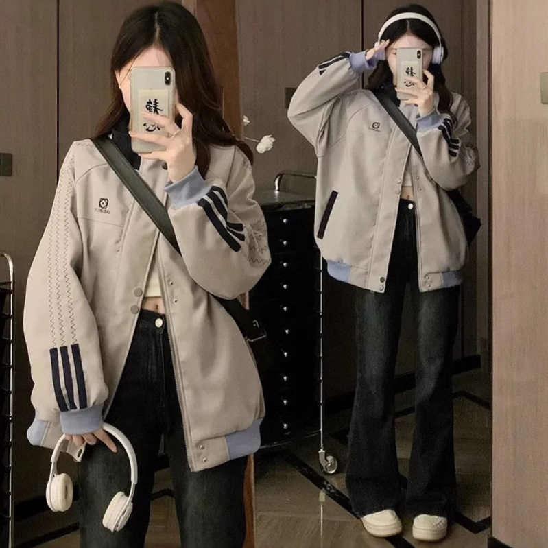 美式复古字母刺绣拼接立领外套女春季运动风休闲情侣单排扣夹克潮