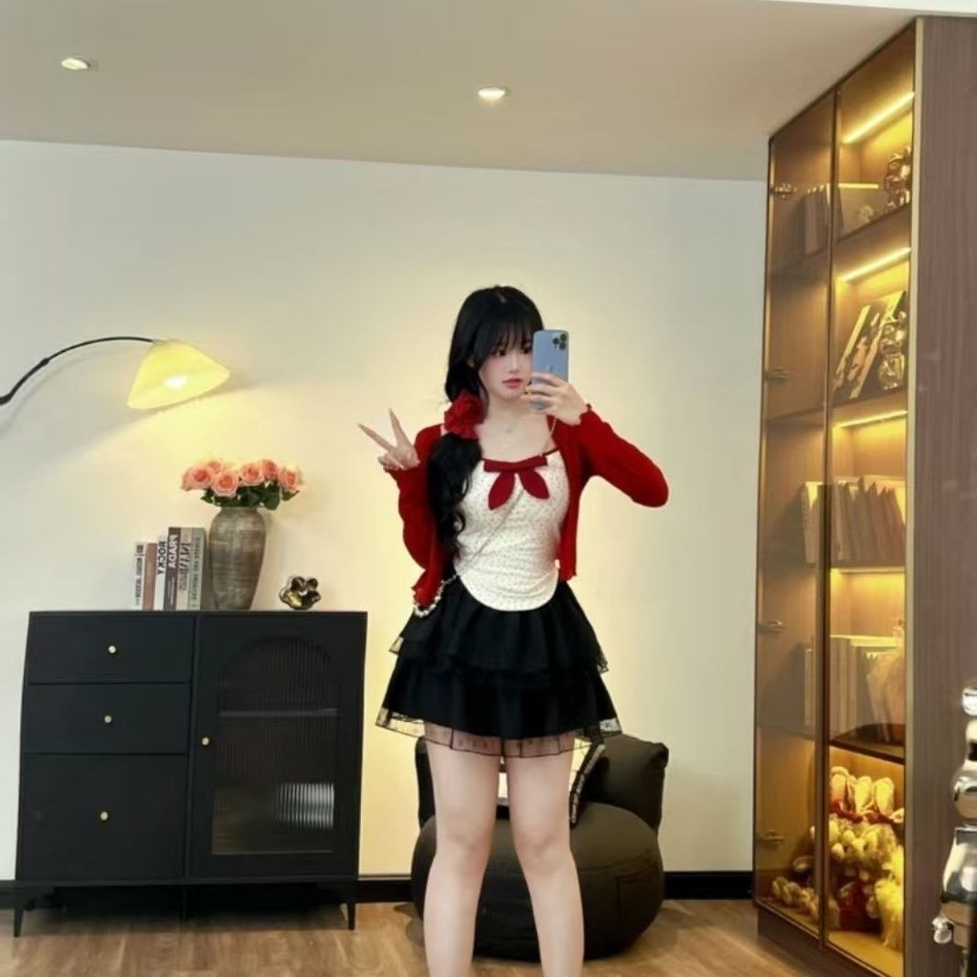 大码胖mm学院风减龄时尚套装女春季针织衫吊带蛋糕裙洋气显瘦套装