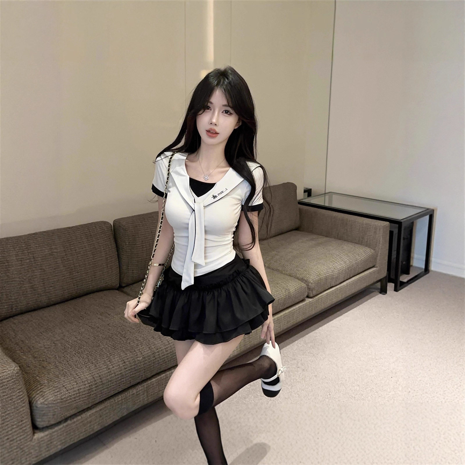 学院风小个子jk制服套装假两件减龄短袖显瘦上衣高腰蓬蓬半身裙
