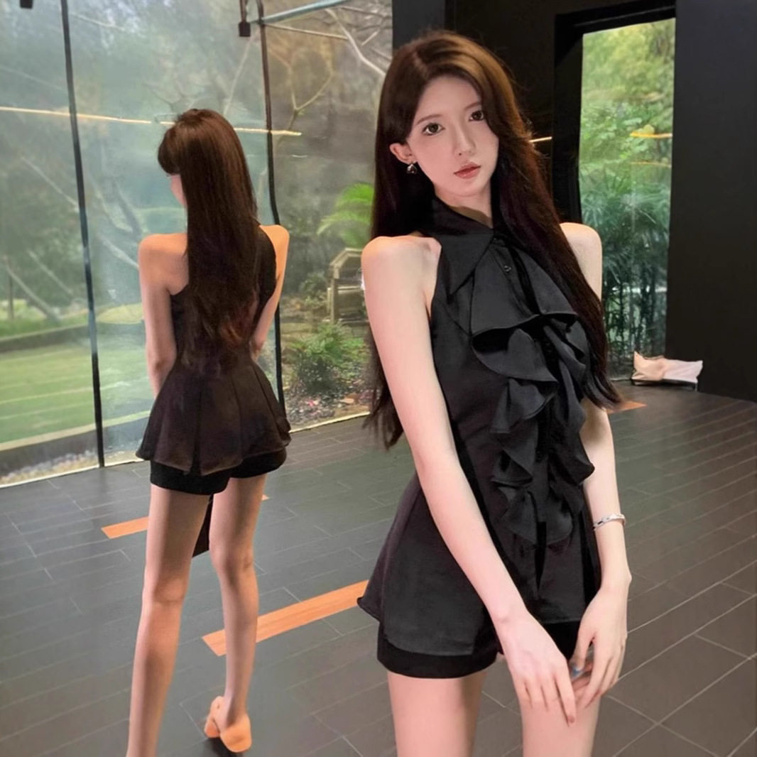 法式小众挂脖甜辣露肩仙女上衣女装夏季设计感显瘦荷叶边无袖衬衫