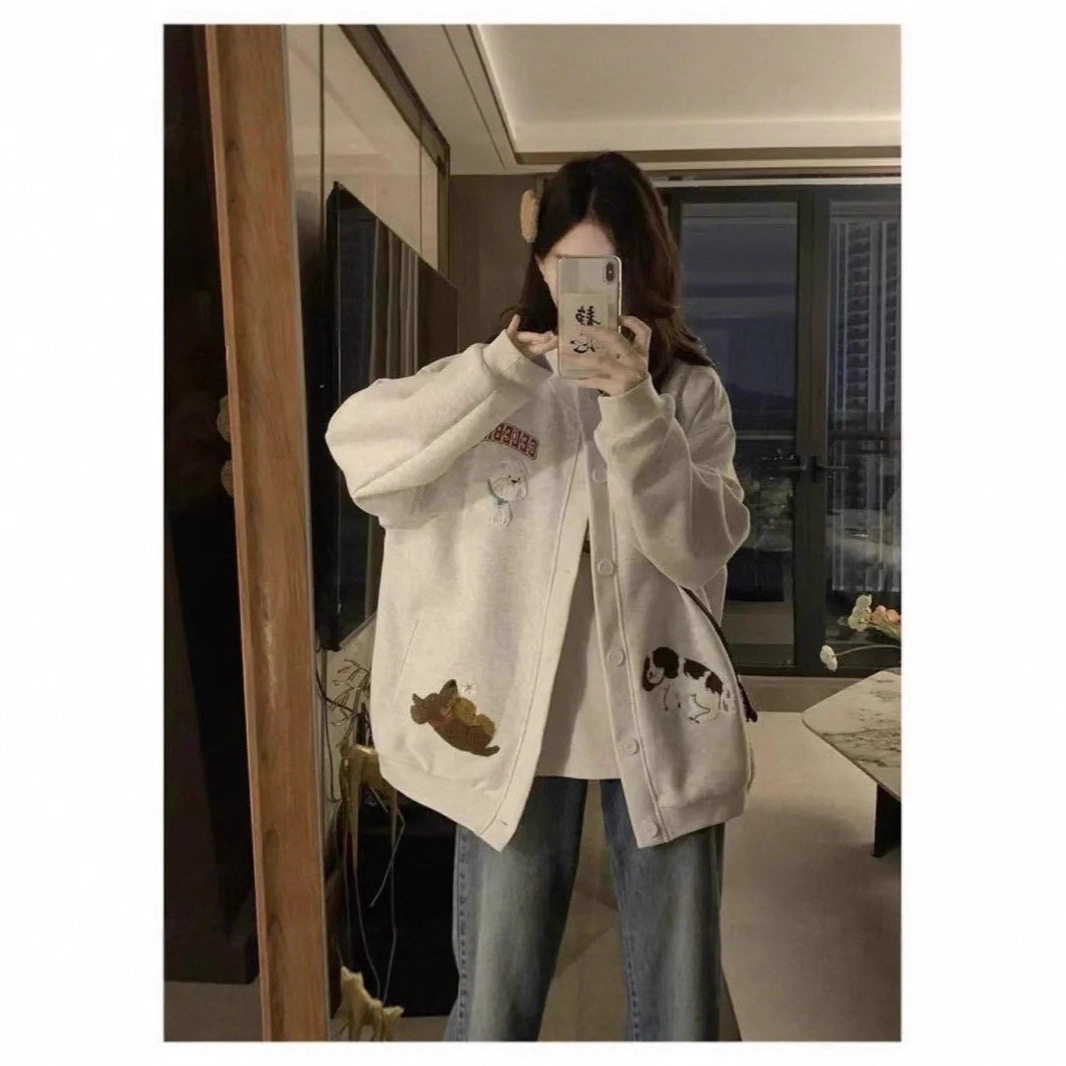 美式复古卡通小狗印花开衫外套男女ins春秋新款百搭情侣宽松卫衣