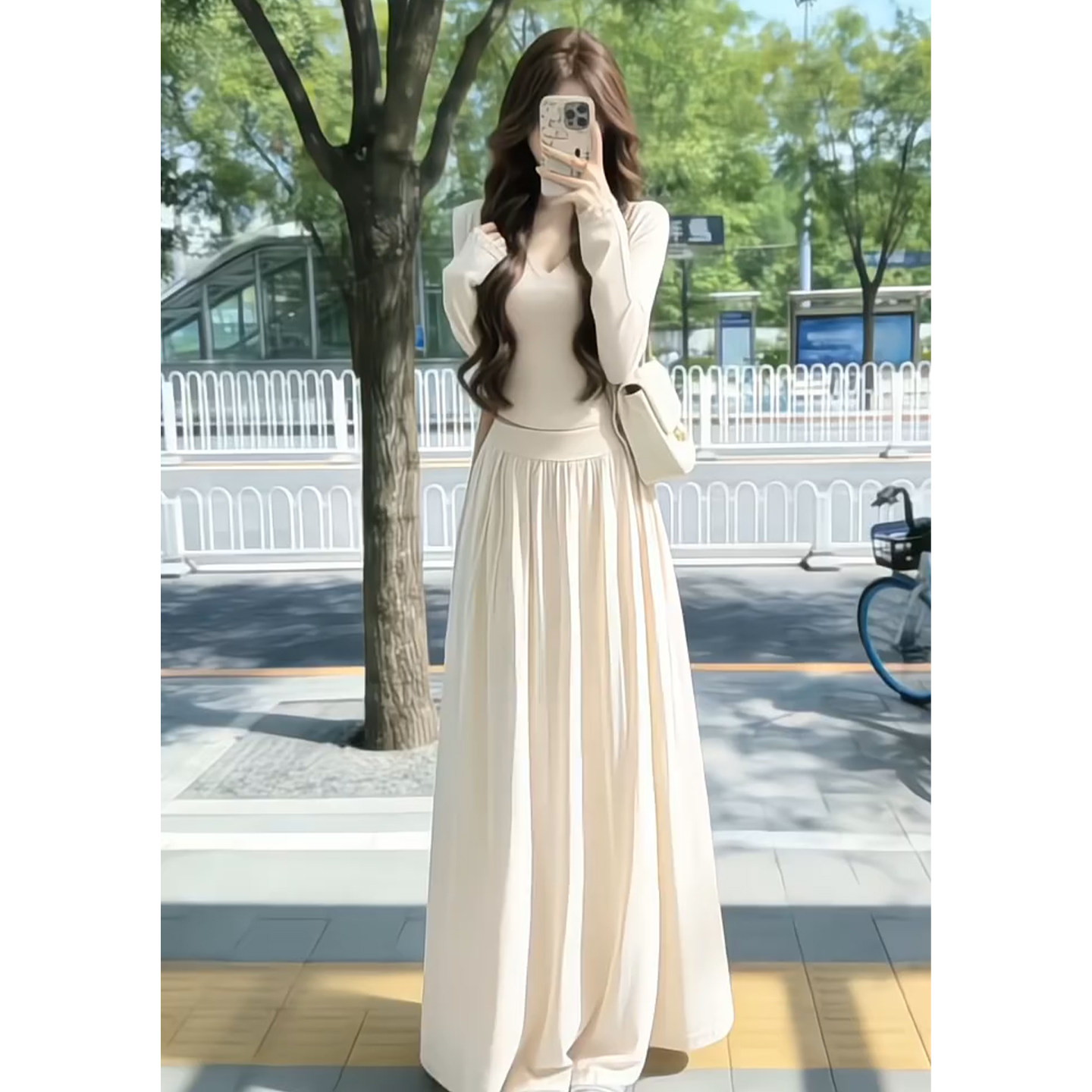 韩系高级感ootd穿搭一整套早春2026新款杏色连衣裙女长裙三件套装