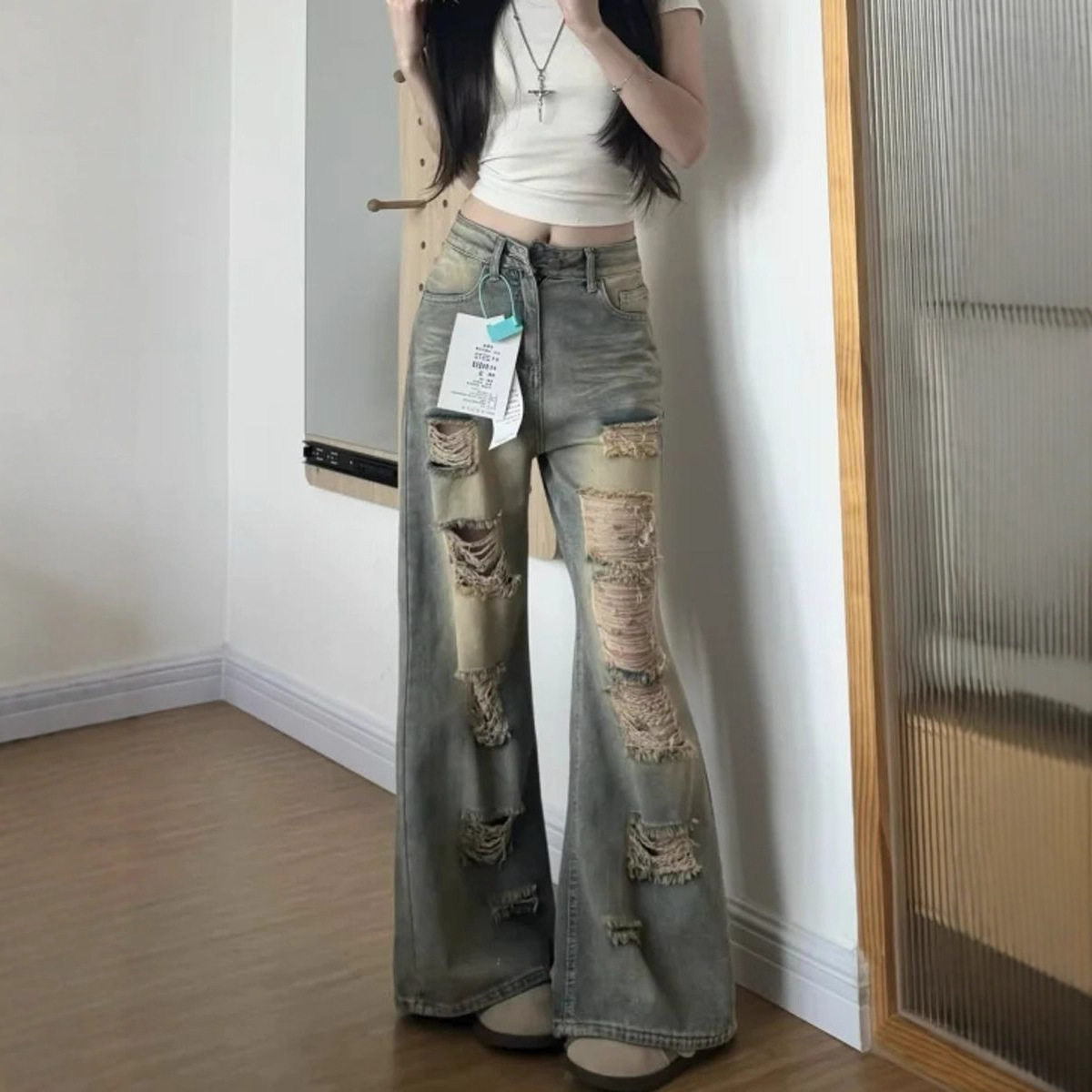 小个子美式复古做旧破洞微喇牛仔裤女高腰宽松显瘦直筒裤拖地长裤