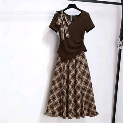 夏季女装斜肩系带长袖上衣雪纺格纹半身裙套装2026早夏新款连衣裙