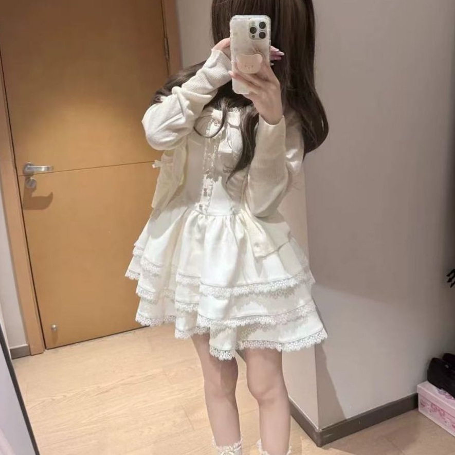 秋季新款小个子纯欲风高级感外搭小开衫蛋糕蓬蓬连衣小裙子两件套