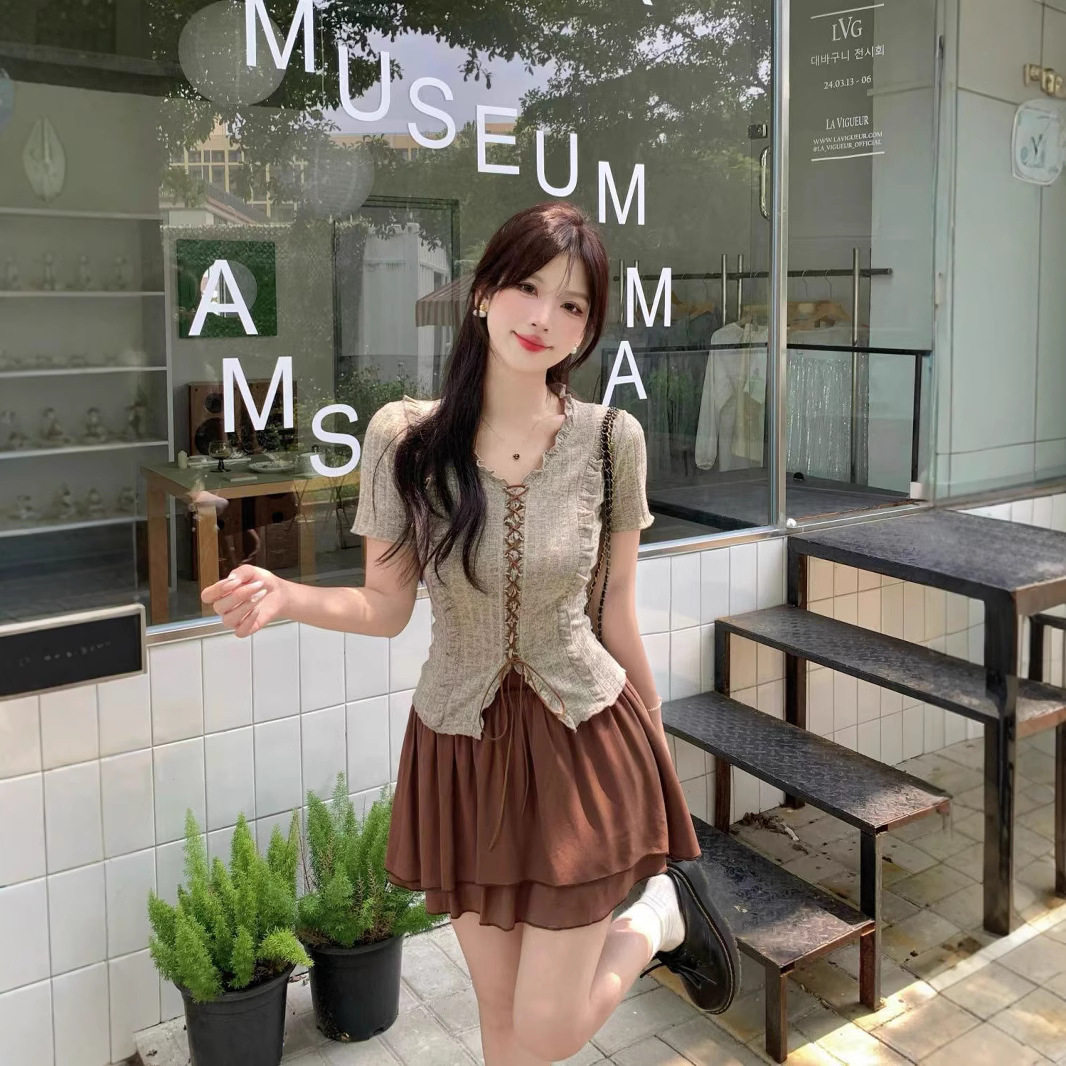 甜辣风木耳边设计感系带短袖上衣套装女夏季新款高腰包臀半身裙潮
