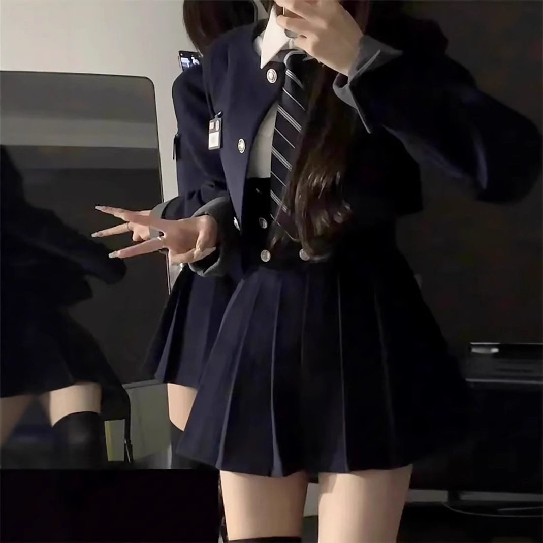韩国学院风套装女短款西装外套制服裙春夏高腰显瘦百褶裙三件套