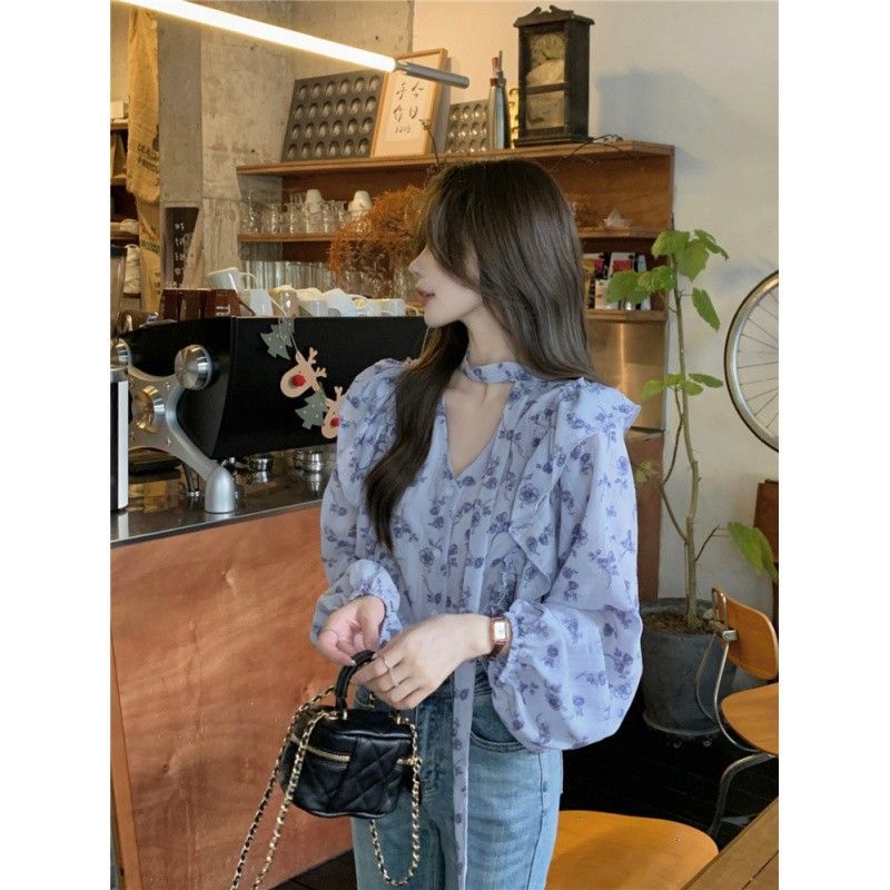 轻熟法式衬衫女上衣单排扣荷叶边印花系带百搭领口女装碎花优雅