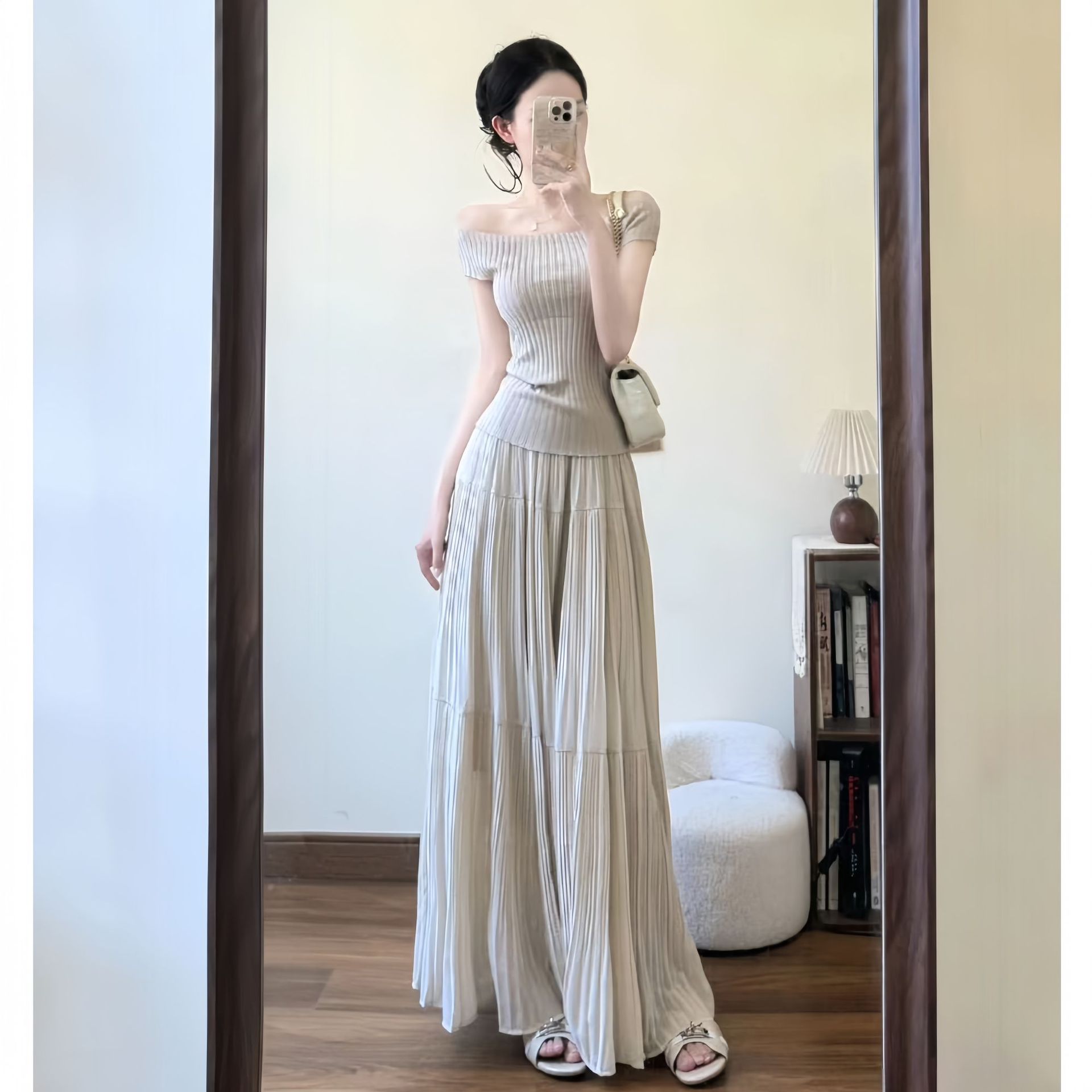 温柔风方领修身针织一字肩上衣夏高腰百褶半身长裙子两件套装女