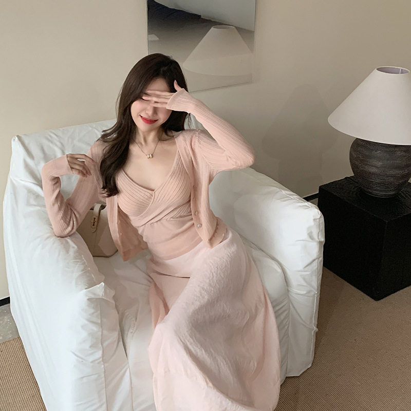 爆款春款天丝亚麻针织开衫上衣女士两件套薄款螺纹气质吊带小背心