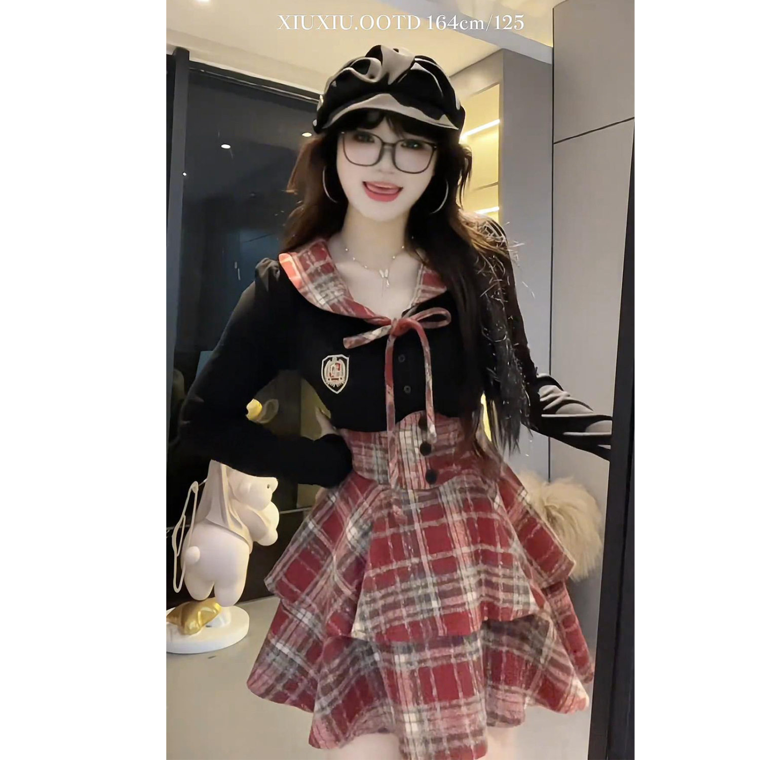 大码胖mm纯欲风jk制服套装女春秋拼接衬衫+格纹束腰裙显瘦两件套