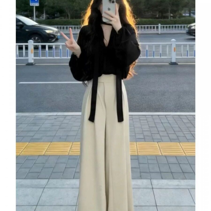 法式简约通勤气质黑色系带衬衫阔腿裤女两件套装洋气穿搭时髦套装