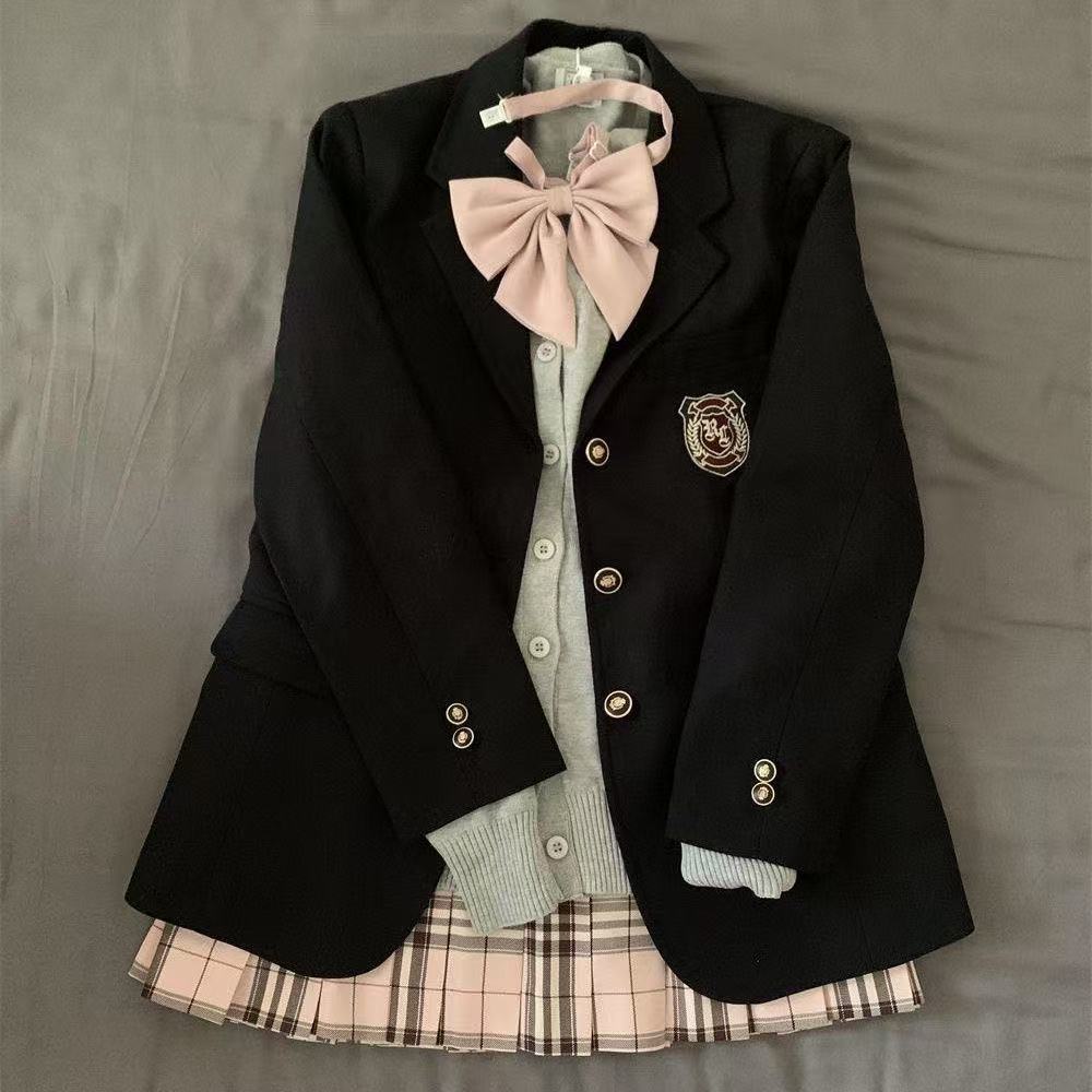 原创jk制服黑色西装外套女大学生学院风校供感绀色三粒扣西服上衣