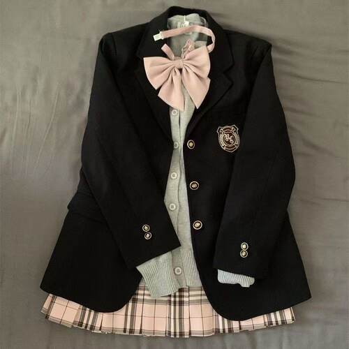 原创jk制服黑色西装外套女大学生学院风校供感绀色三粒扣西服上衣