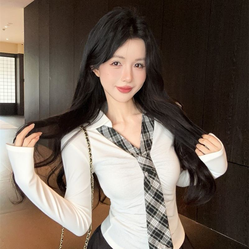 韩系拼色格纹领带修身内搭长袖打底衫女春秋设计感纯欲辣妹风上衣