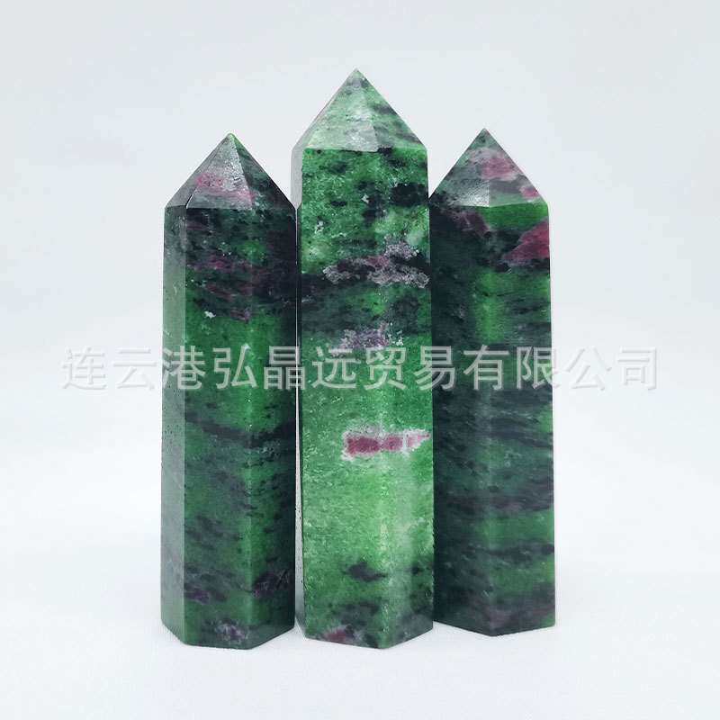 弘晶远水晶 天然红绿宝六棱柱单尖原石打磨水晶六棱柱跨境