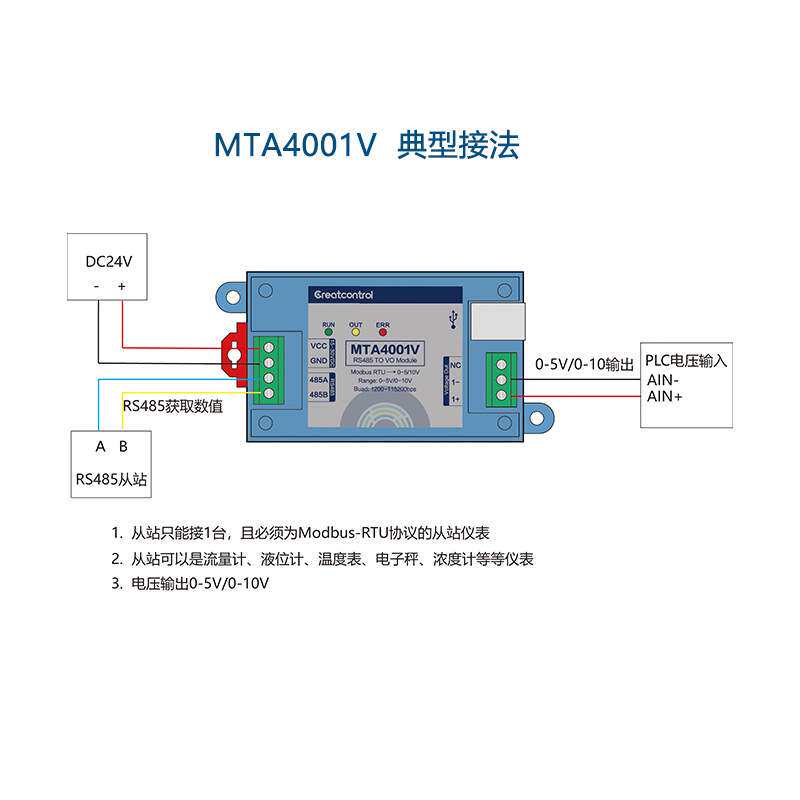 主站RS485转0-10V电压仪表从站485转0-5V电压模拟量AO输出MTA4001