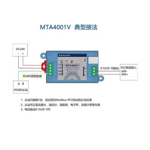主站RS485转0-10V电压仪表从站485转0-5V电压模拟量AO输出MTA4001