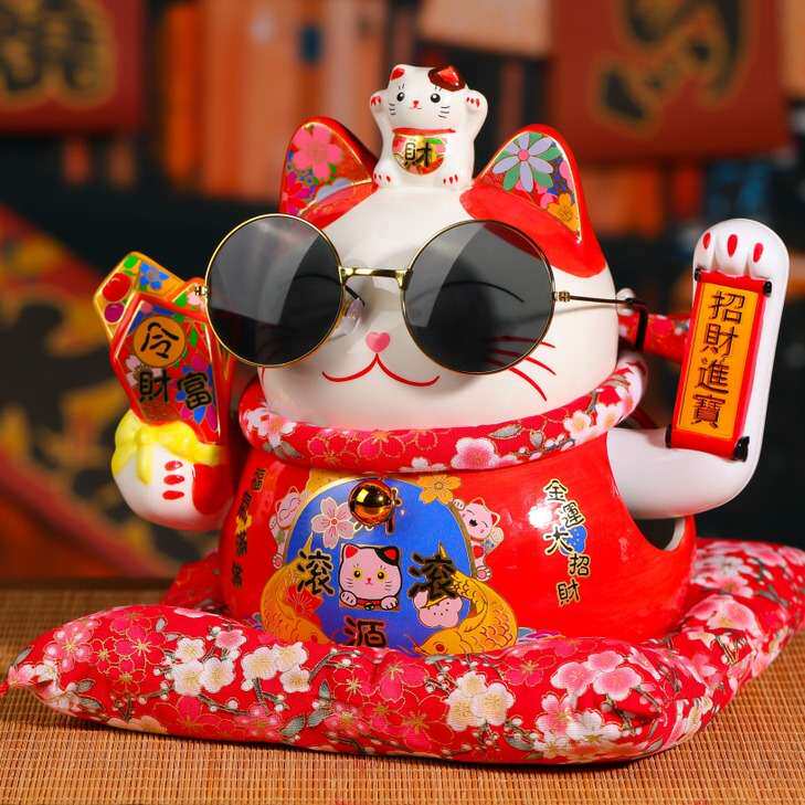 9寸招财猫发财猫陶瓷红猫喜猫创意日式发财猫存钱罐店铺家居摆件