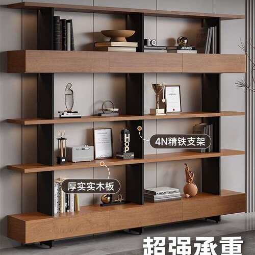 loft铁艺客厅实木书架书柜置物架落地多层展示陈列阅读一体整靠墙