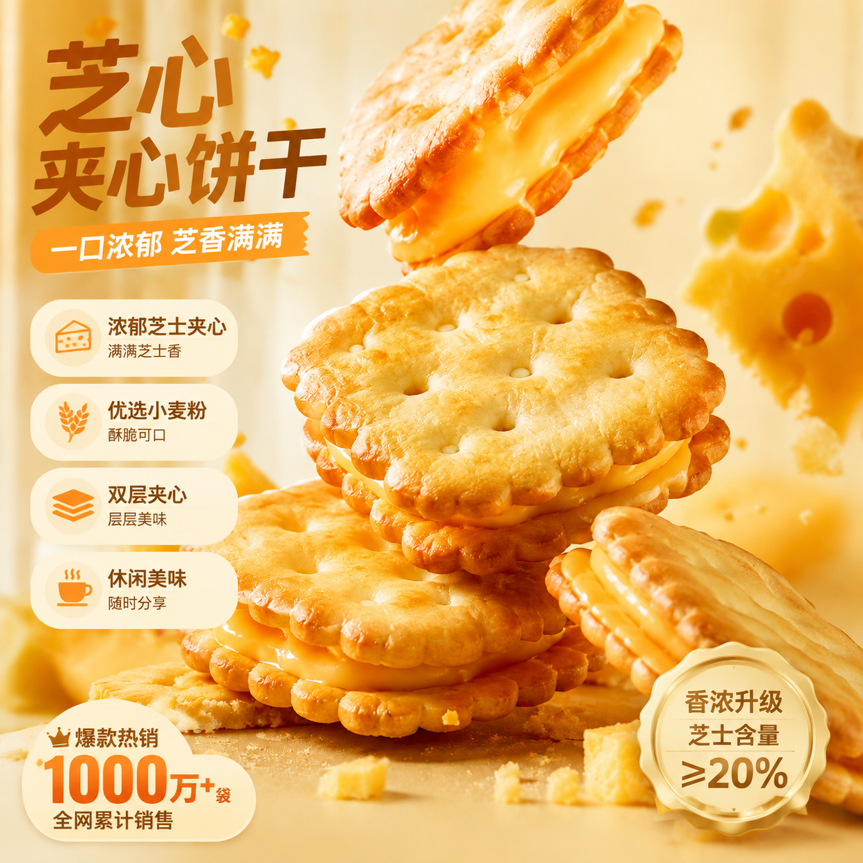 咸香芝士夹心饼干浓郁奶酪味早餐代餐办公室下午茶充饥散装小零食
