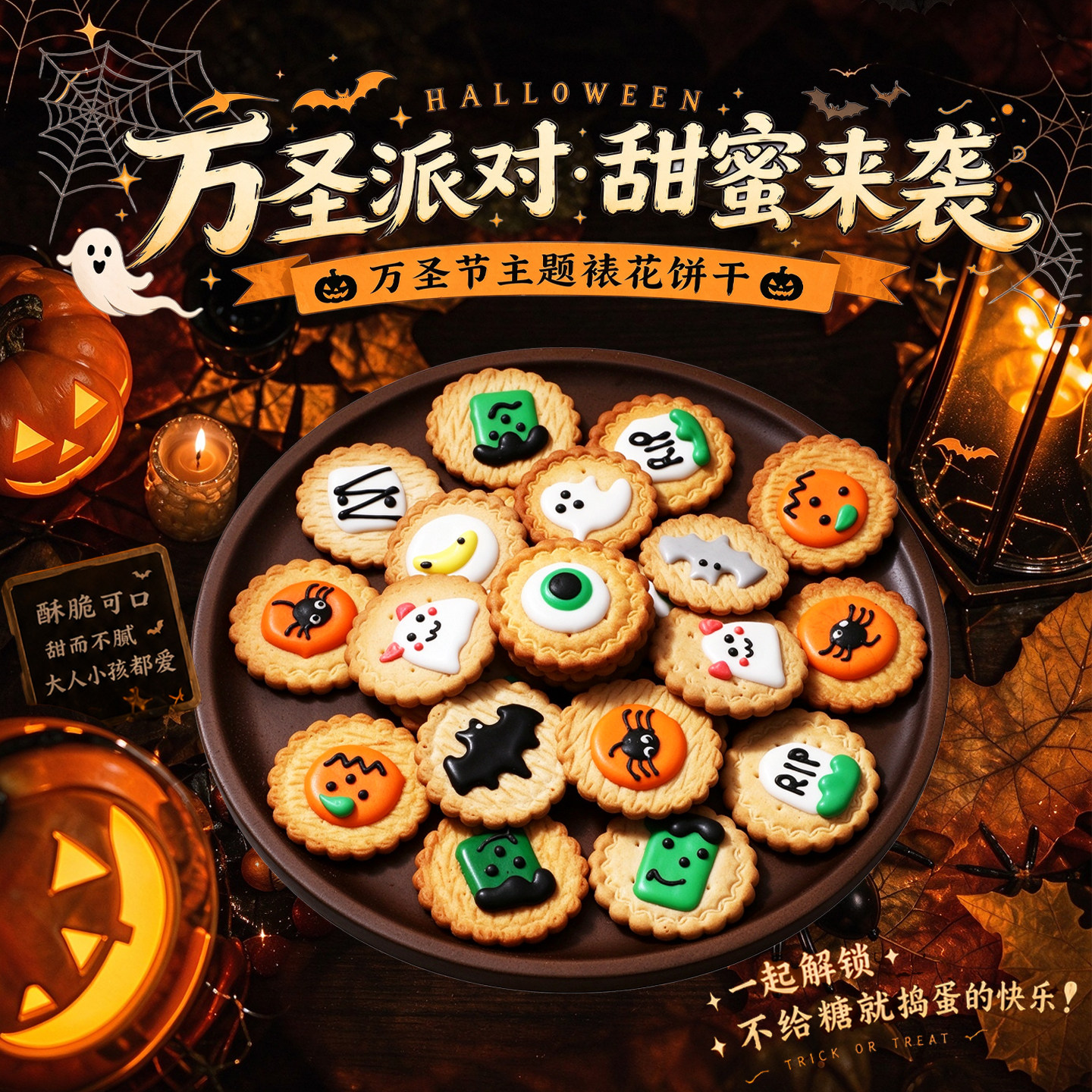 万圣节裱花饼干南瓜搞怪卡通圆形糖果零食节日儿童分享独立小包装