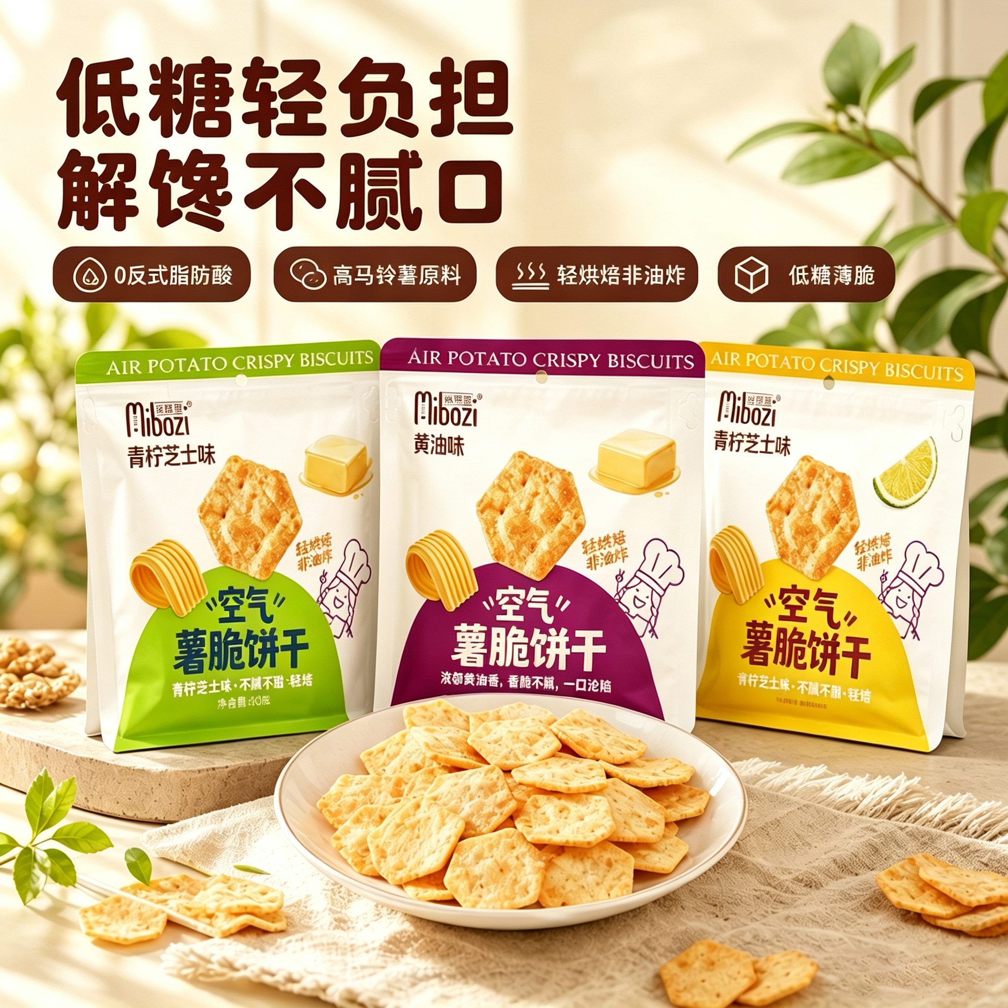 空气薯脆饼干非油炸宿舍追剧薯片薄脆零食青柠进口黄油轻负担食品