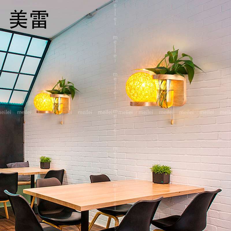 原木壁灯简约室内拉线开关种绿色植物实木轻奢装饰阳台中式床头灯