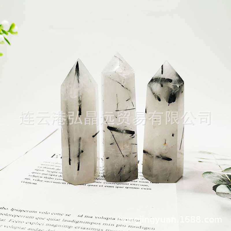 弘晶远水晶 天然黑发晶水晶柱六棱柱 黑碧玺单尖柱水晶塔水晶柱