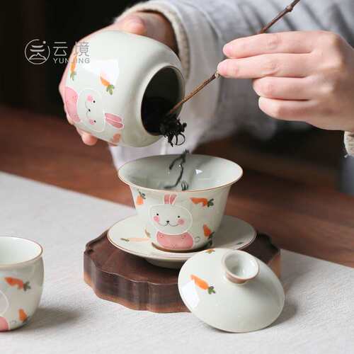 创意手绘可爱萝卜兔三才盖碗家用陶瓷功夫泡茶茶具中式泡茶碗