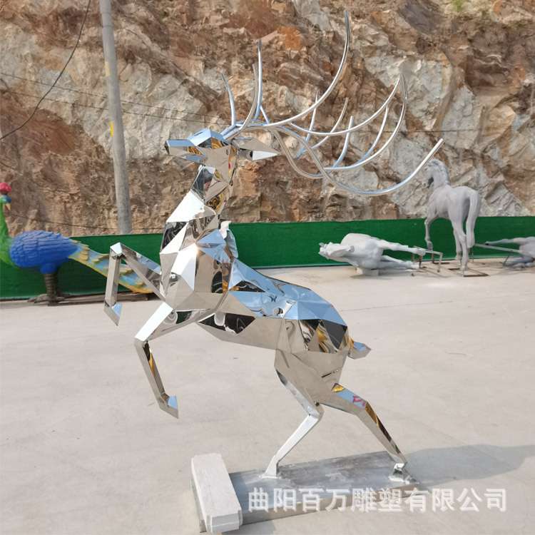 新款镜面不锈钢切面鹿雕塑 不锈钢几何面动物雕塑