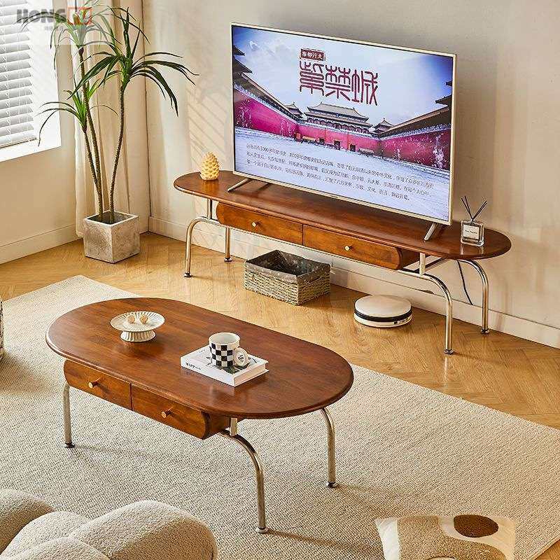 中古实木茶几电视柜组合法式复古极简家用客厅靠墙收纳储物柜一体
