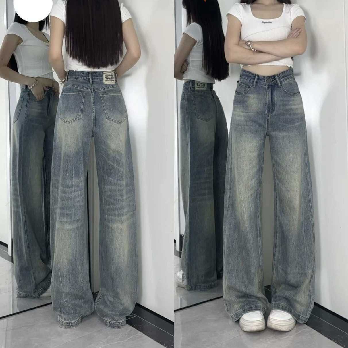 美式复古阔腿牛仔裤女秋季高腰宽松慵懒风垂感不贴腿微喇拖地裤子