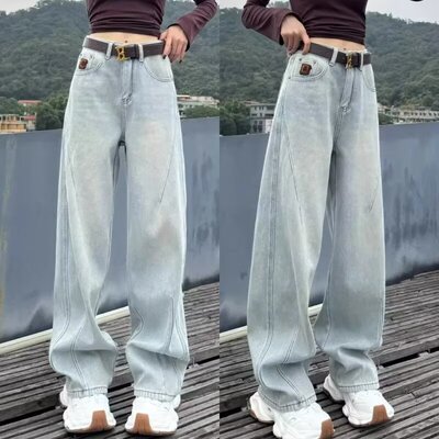 153小个子浅蓝色牛仔裤女2025新款宽松显瘦阔腿裤休闲直筒阔腿裤