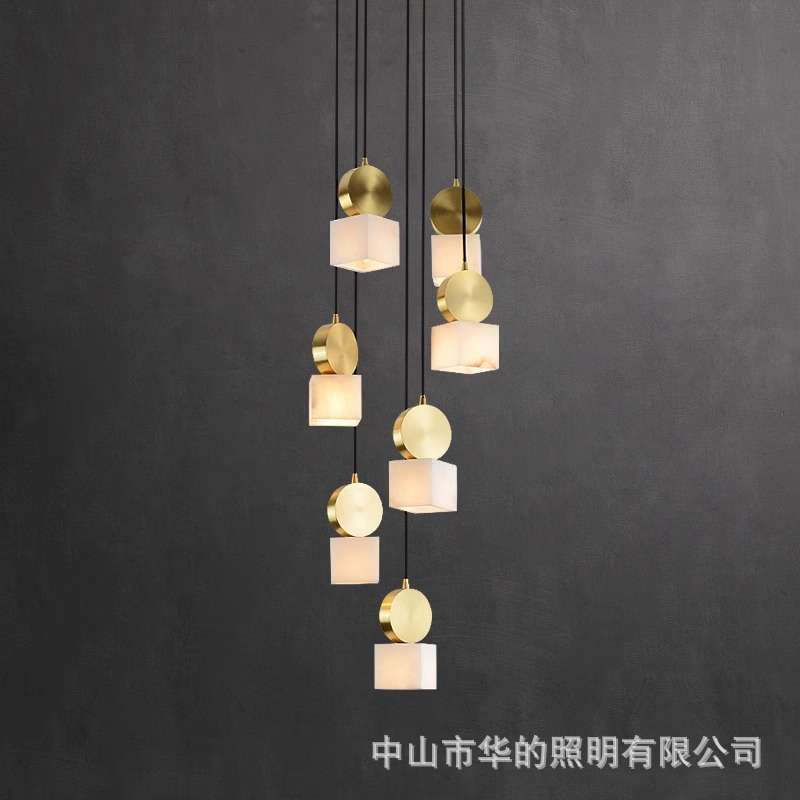 全铜云石吊灯现代中式自建别墅酒店挑空客厅旋转楼梯间轻奢灯饰