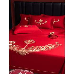 婚庆结婚大红色纯棉女方床单单件酒店被单枕套三件套刺绣接亲出嫁