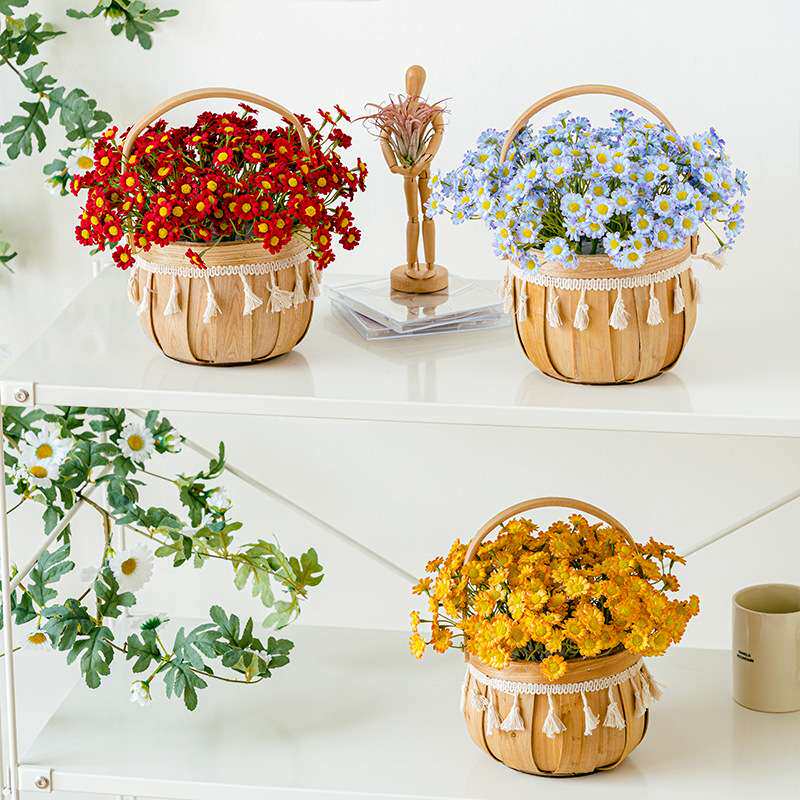 小雏菊竹编花篮插花成品盆栽仿真花假花客厅摆件装饰花人造花绢花