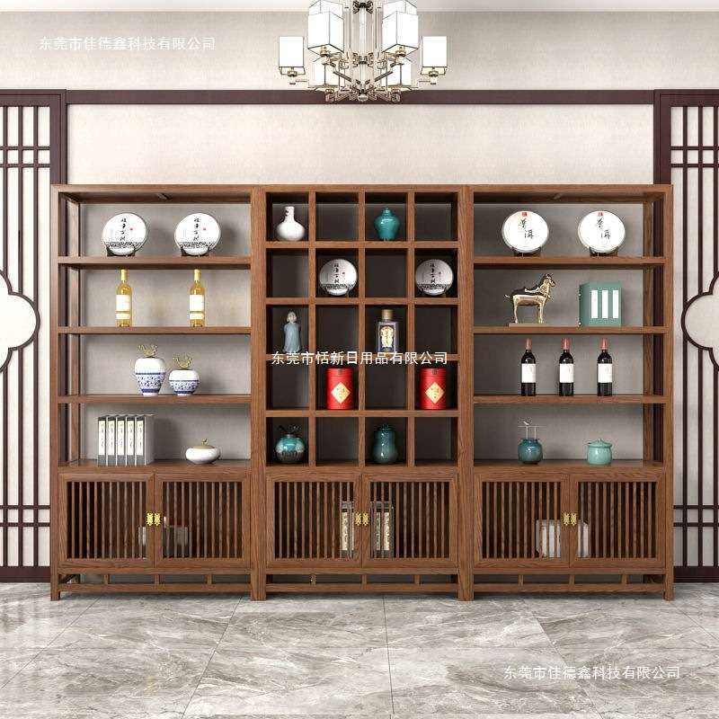 新中式榆木博古架带灯光展示架落地式实木货架茶室茶饼展示格子柜