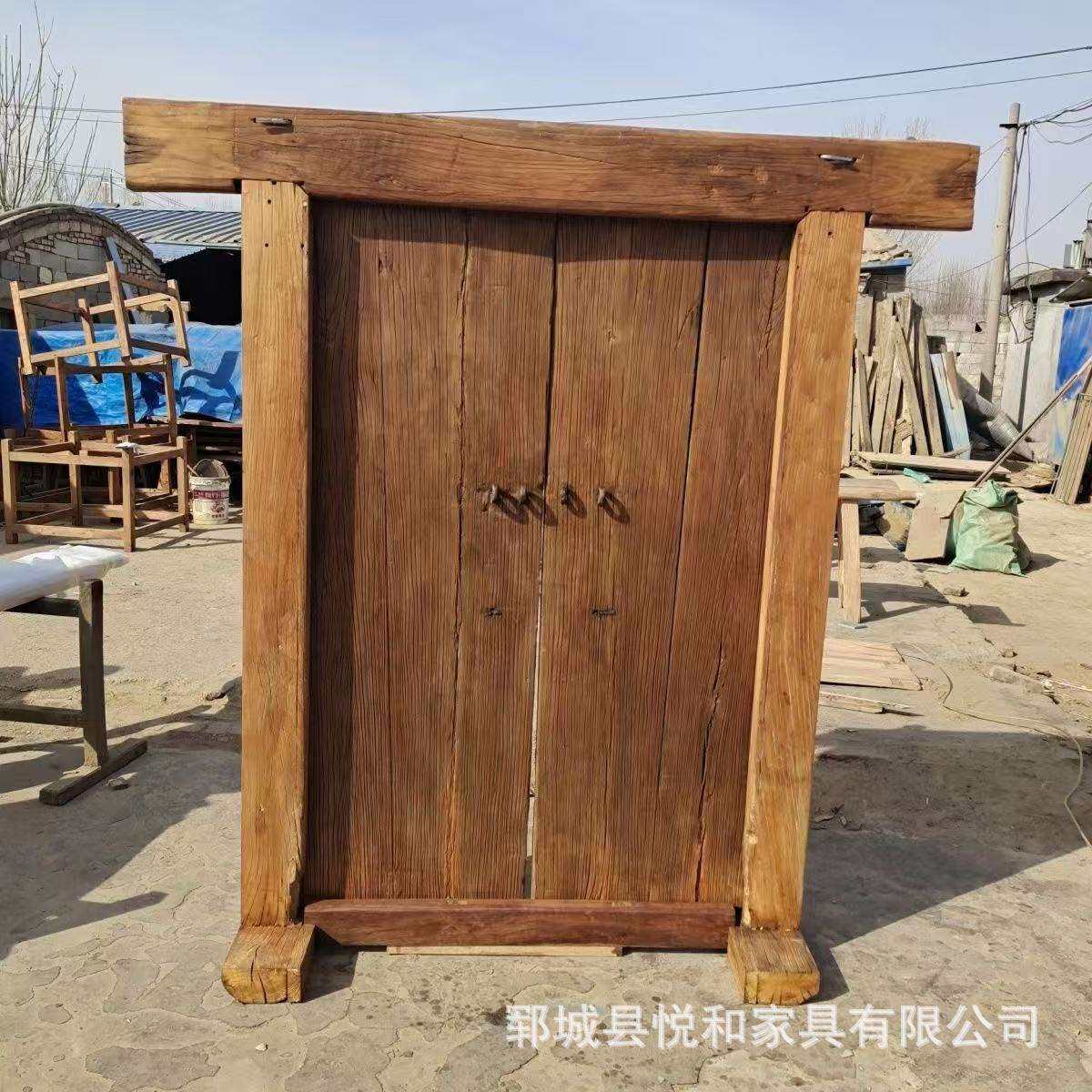 老榆木乡村庭院大门实木别墅进户门茶楼自建房门平推式老式大门