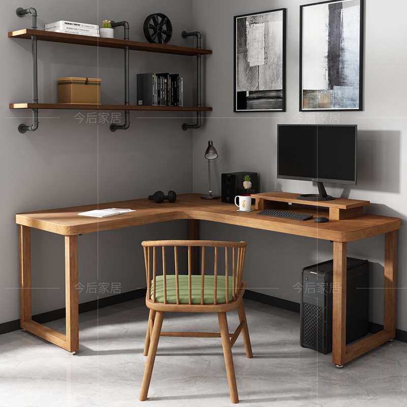 北欧实木拐角书桌 小户型卧室原木L型学生转角电脑桌椅组合家用