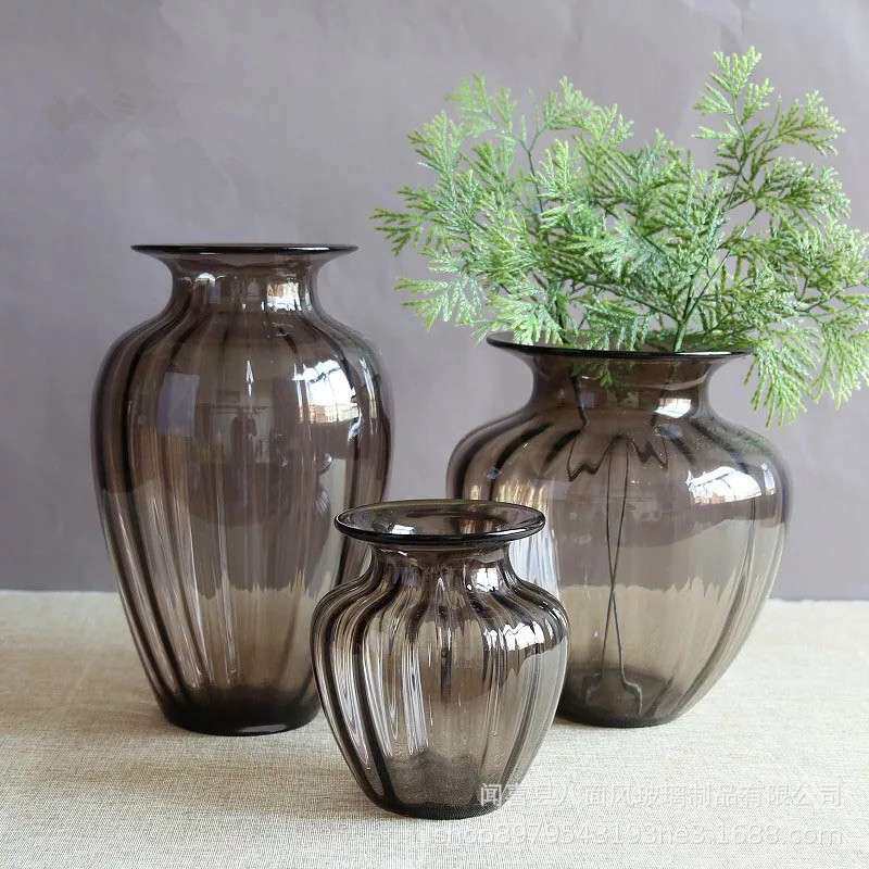 日式杂货莲花坛咖啡色蓝色玻璃花瓶客厅样板房装饰品插花摆件