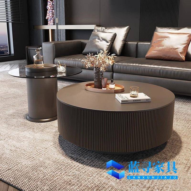 浮雕圆形岩板茶几组合黑色现代客厅家用小户型简约款意式轻奢高级