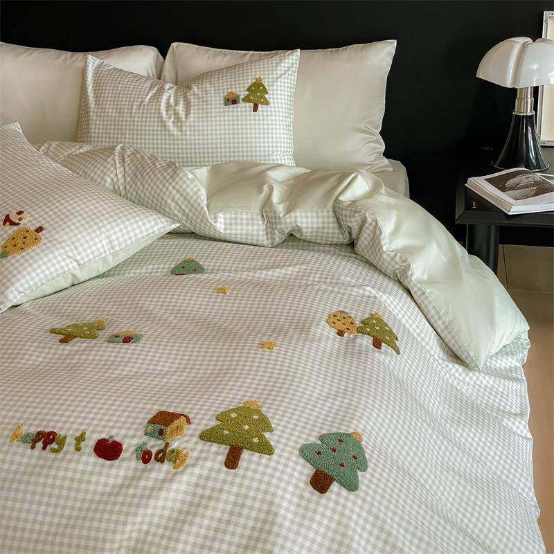 100s长绒棉全棉四件套秋冬纯棉磨毛保暖被套床单床笠刺绣贡缎床品