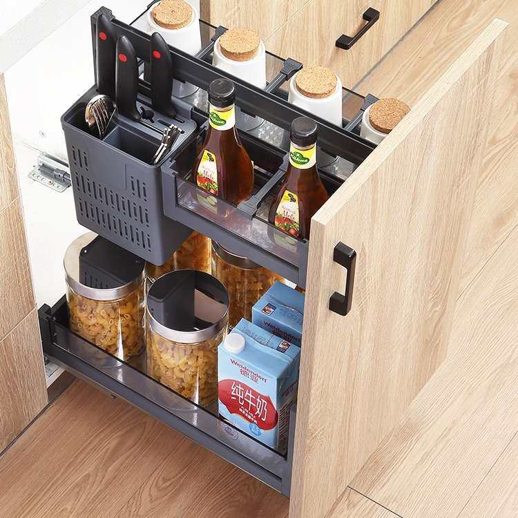 意铂尼玻璃拉篮厨房橱柜拉蓝抽屉式不锈钢可拆卸式调味篮内置碗篮